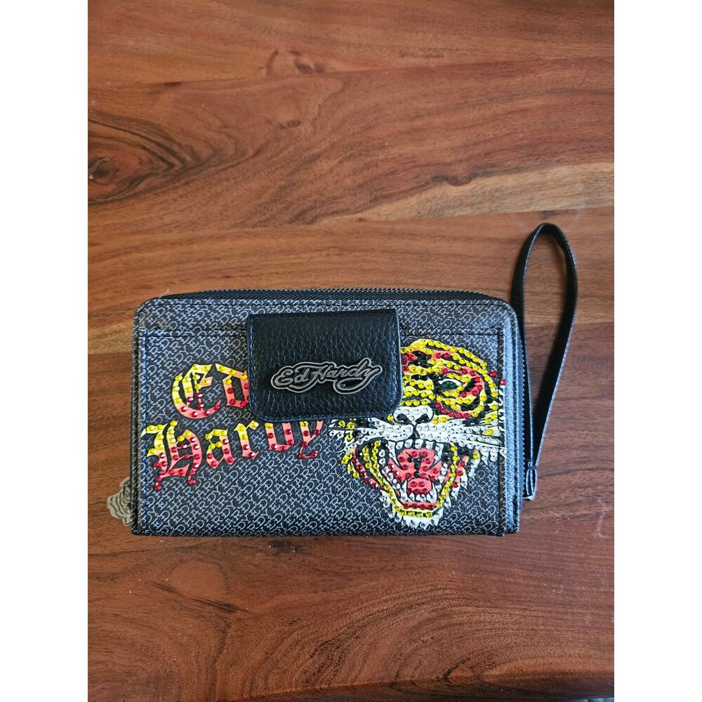 Ed Hardy Women's Bling Crystal Tiger Large Wristlet Wallet Black Gray Zipper NWT